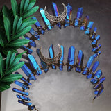 Raw Crystal Quartz Crown Headband - Electroplating Colorful Moon Handmade Tiara Natural Stone Headband for Parties (Blue ) - Venuston