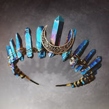 Raw Crystal Quartz Crown Headband - Electroplating Colorful Moon Handmade Tiara Natural Stone Headband for Parties (Blue ) - Venuston