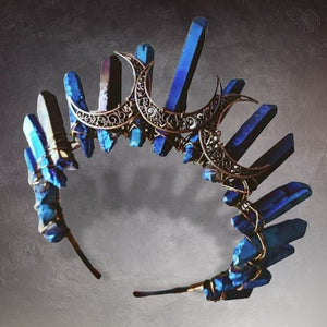 Raw Crystal Quartz Crown Headband - Electroplating Colorful Moon Handmade Tiara Natural Stone Headband for Parties (Blue ) - Venuston