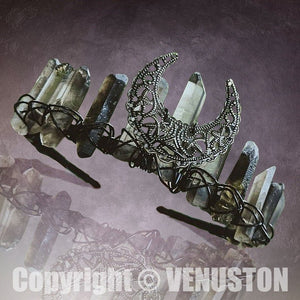 Raw Crystal Quartz Crown Headband - Handmade Tiara Natural Gemstone Tiara for Ladies Weddings and Parties (Black) - Venuston