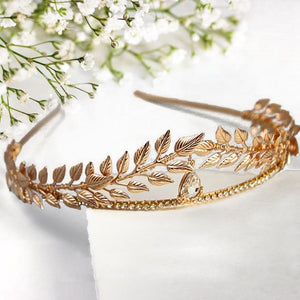 Rhinestone Gold Leaf Headband Crown Greek Goddess Gold Bridal Hair Crown Roman for Women Party - Venuston