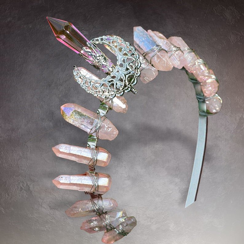 Vintage Witch Headbands, Raw Crystal Headband Alloy Moon Angel Aura Crown Headband Accessory for Wedding Cosplay Party - Venuston