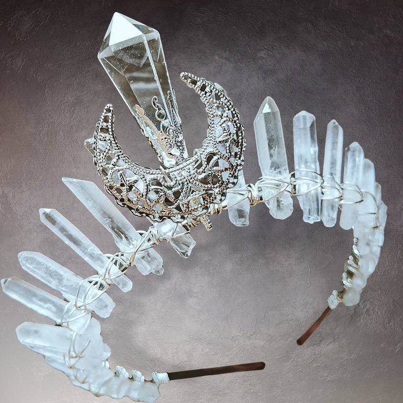 Vintage Witch Headbands, Raw Crystal Headband Alloy Moon Angel Aura Crown Headband Accessory for Wedding Cosplay Party - Venuston