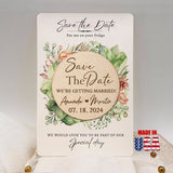 Wooden Save the Date, Watercolor Floral Wreath Wedding invitation, Custom Engraved Rustic Wedding Announcement/Editable save the date card - Venuston